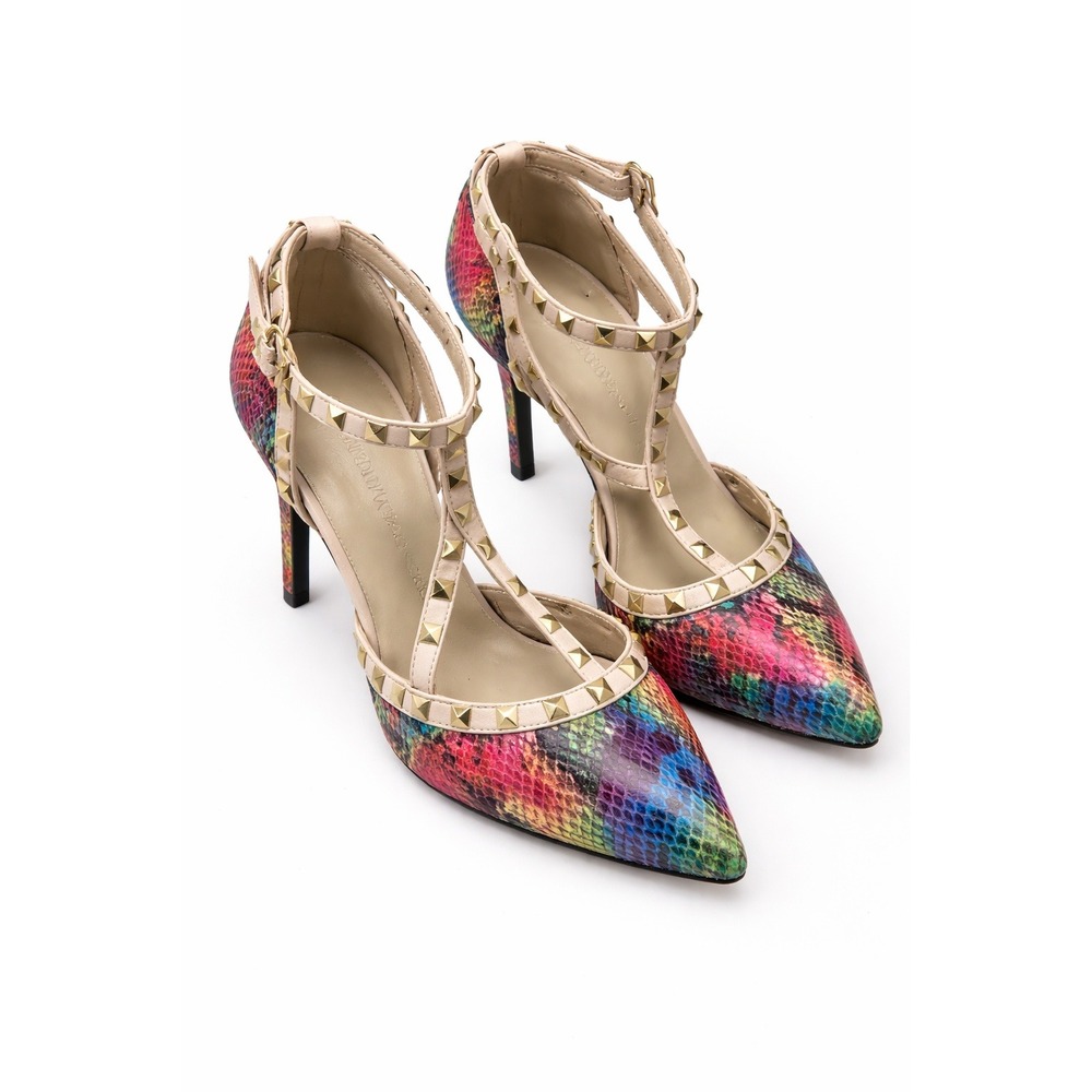 Wild Diva Lounge Rainbow Snakeskin Studded Strappy Pointed Toe Pumps Size 8